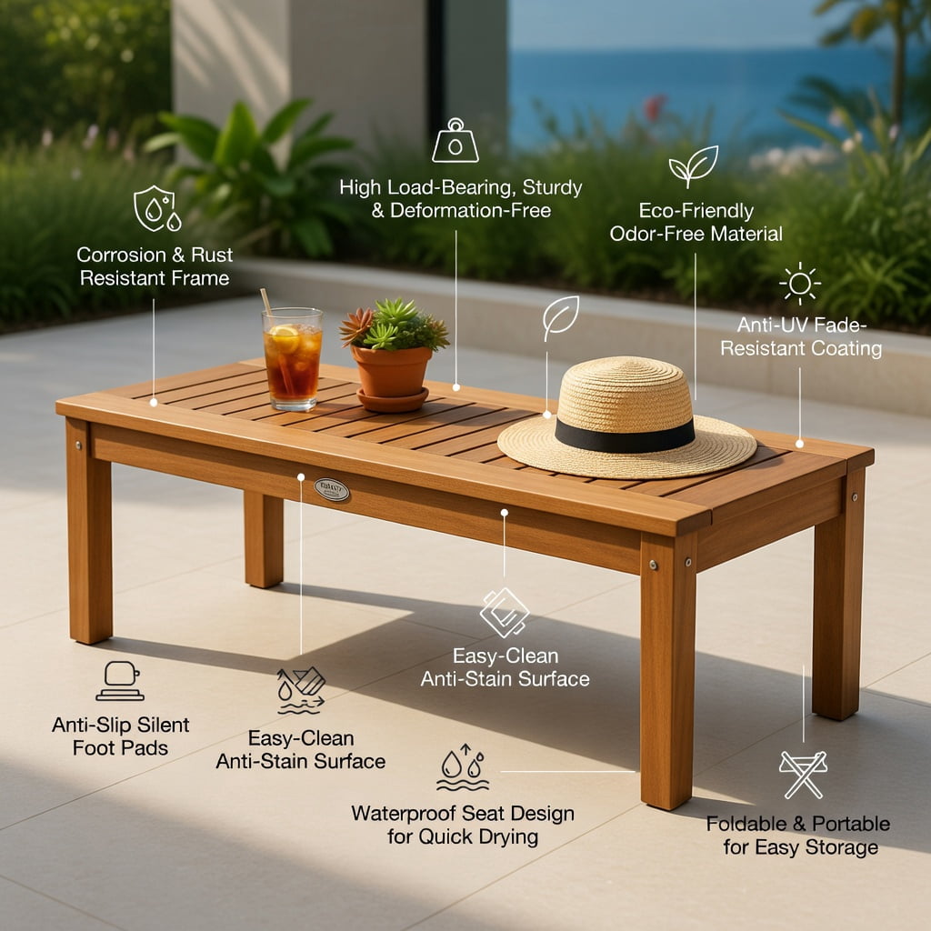 Hommoo 52" Teak-Colored Solid Acacia Wood Outdoor Dining Bench, Weather-Resistant, Patio Bench for Backyard, Garden & Patio, Natural