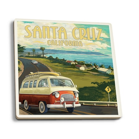 

Santa Cruz California Camper Van (Absorbent Ceramic Coasters Set of 4 Matching Images Cork Back Kitchen Table Decor)