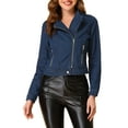thumbnail image 1 of Chaqueta de mezclilla moto de mujer con solapa asimétrica y cierre de cremallera, de manga larga, color azul oscuro, 1 of 6