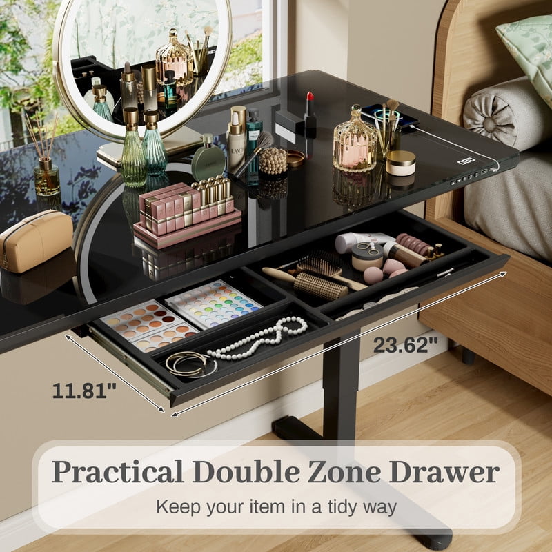 Homall 55" x 24" Glass Top Electric Standing Desk with Drawer, Height Adjustable Desk with Phone Stand & Charging Ports, Sit Stand up for Home Office,Black