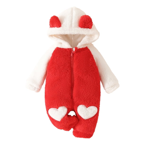 Gibobby Mono Corto Informal Mono cálido de lana para recién nacido, con capucha y orejas de de manga larga para niñas pequeñas(Rojo, 6-9 Meses)