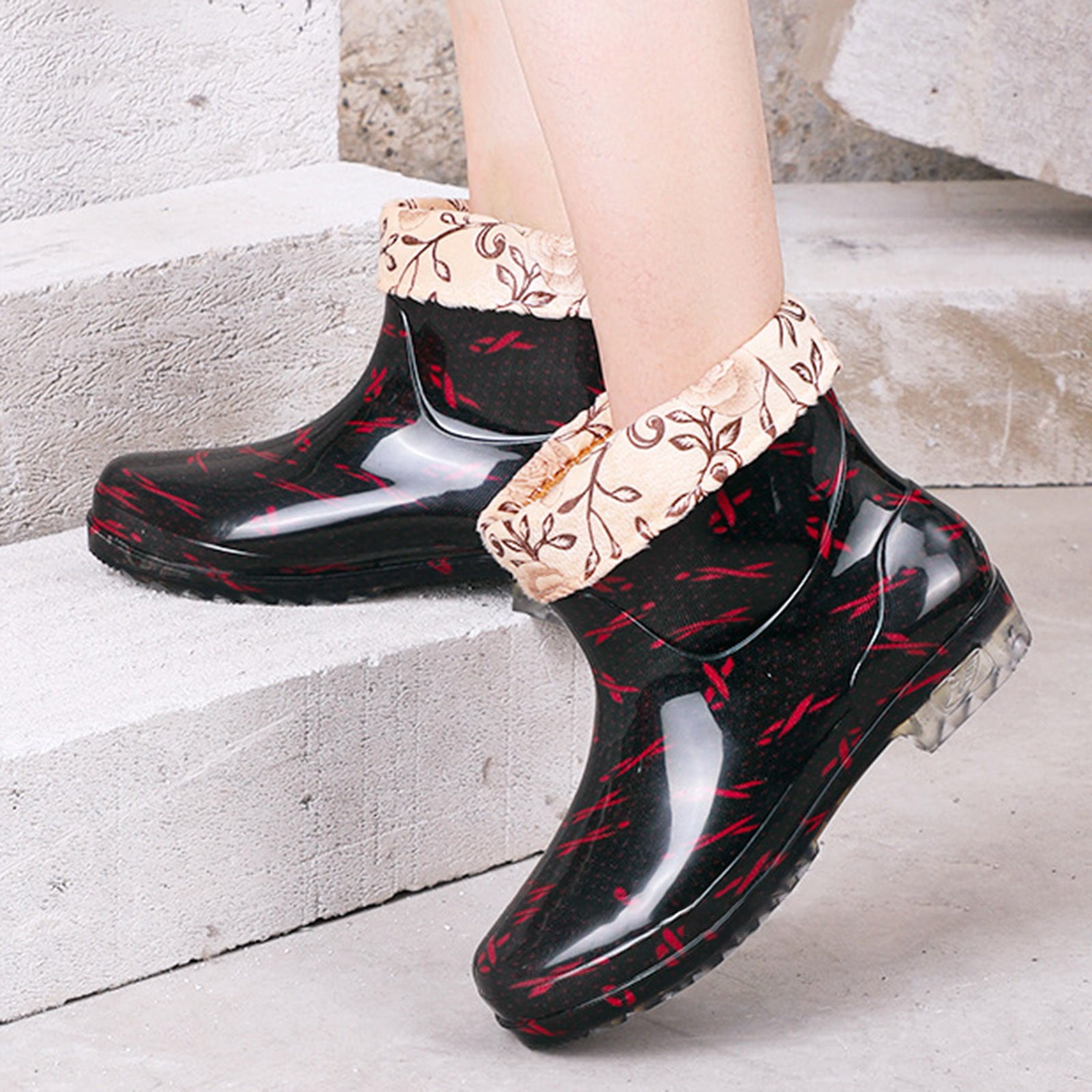 Mepaouo Ankle Rain Boots for Women Floral Fleece Lined Garden Shoes Waterproof Walking Outdoor Rainboot