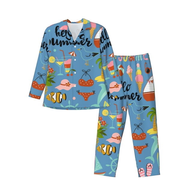 Fotbe Hello Summer Pattern Long Sleeve Pajama Set for Men,Sleepwear Set,2-piece Loungewear Set,Soft PJs Comfy Nightwear with Pockets-Medium