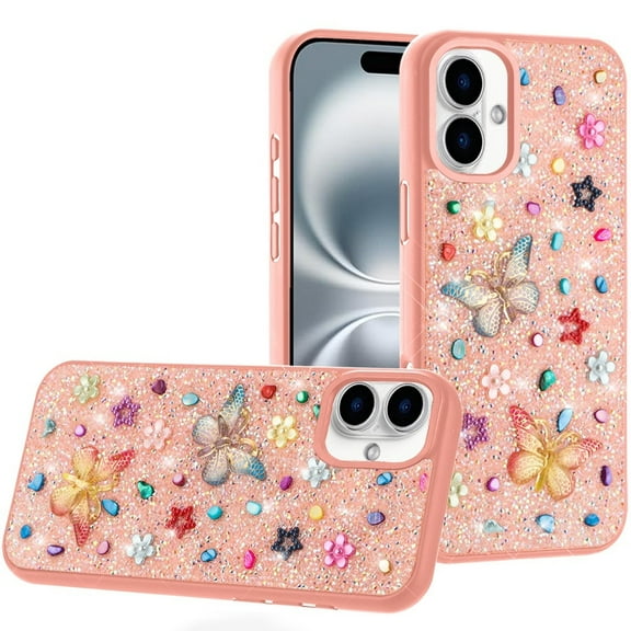 For iPhone 16 6.1 inch Butterfly Ornaments Diamond Bling Glitter Hybrid Case - Light Pink