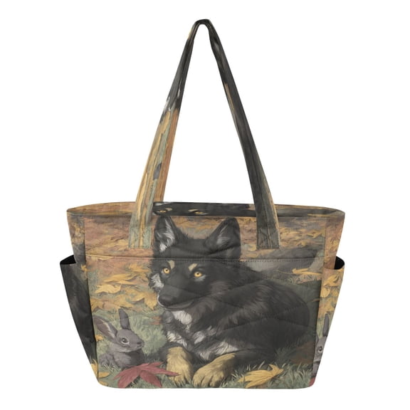 Quilted Tote Bag Large Capacity Multi-Compartment Handbag Lightweight Structured Shoulder Bag Versatile Casual Bag Gray Wolf and Rabbit