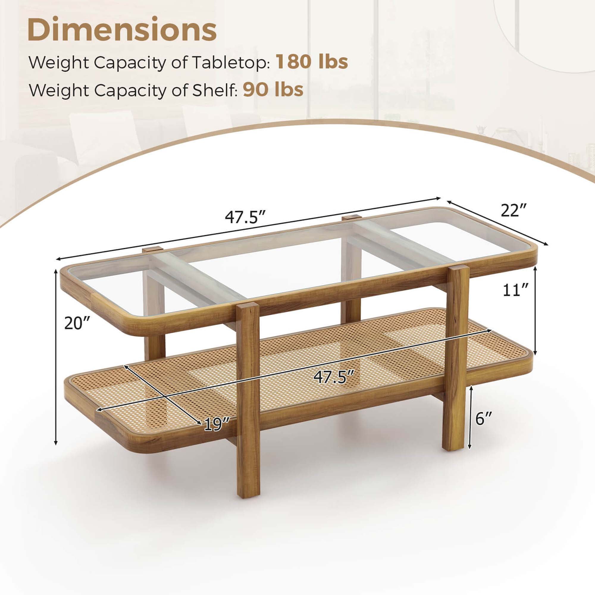 Costway 2-Tier Rustic Coffee Table with Storage Tempered Glass Tabletop PE Rattan Shelf