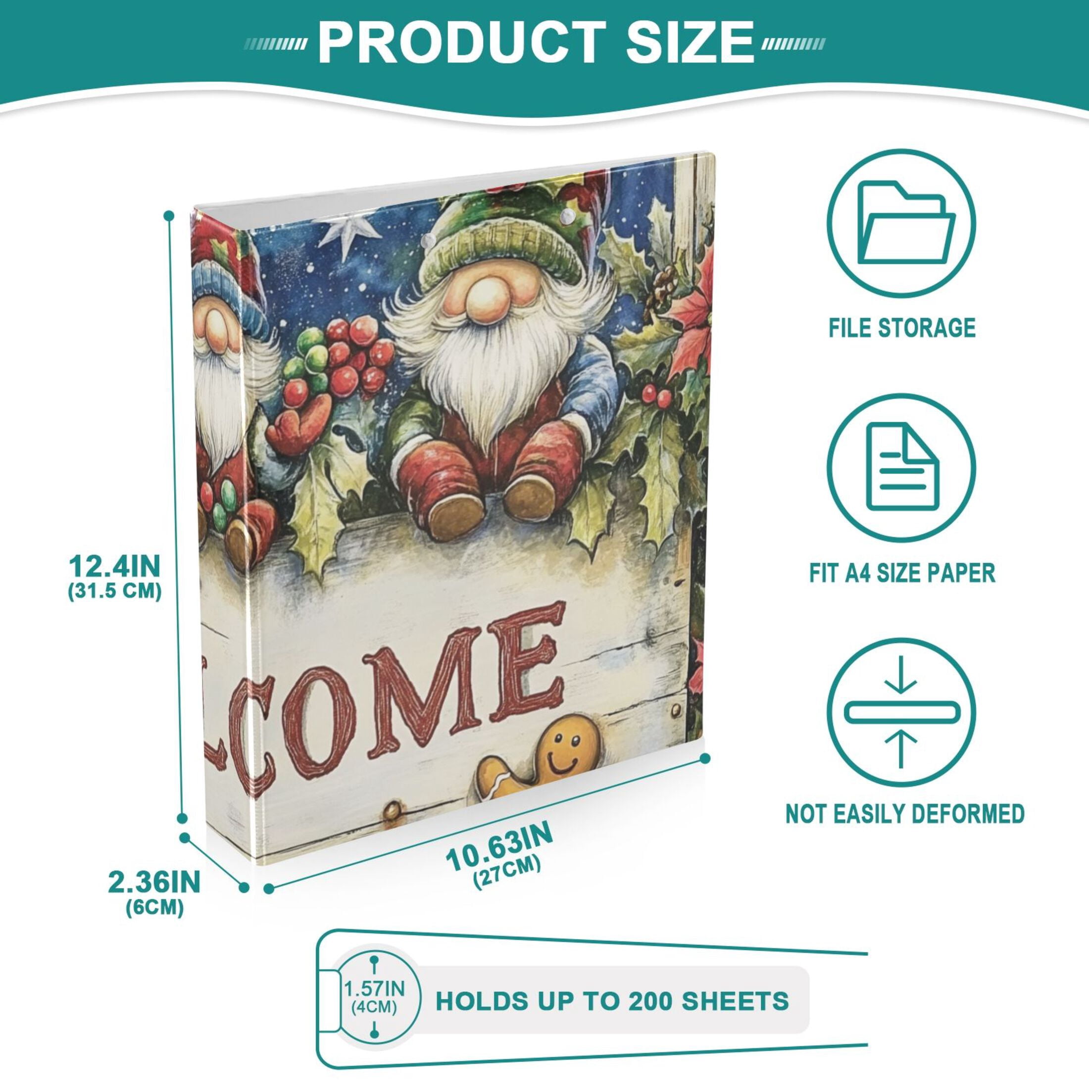 Christmas Gnomes Welcome 3 Ring Binders 1.5 inch Hardcover File Folders with Interior Pockets A4 Size Organizer for School Office Hospital