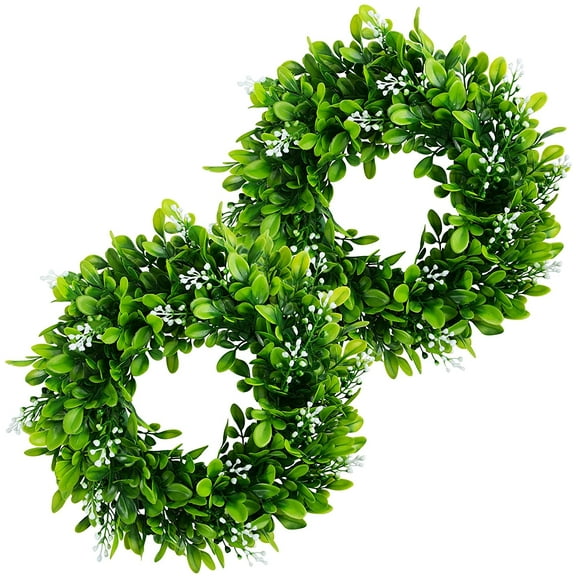 Visland 2Pack Boxwood Wreath Round Wreath Artificial Wreath Green Leaves Wreath Door Wall Window Decoration,12Inch