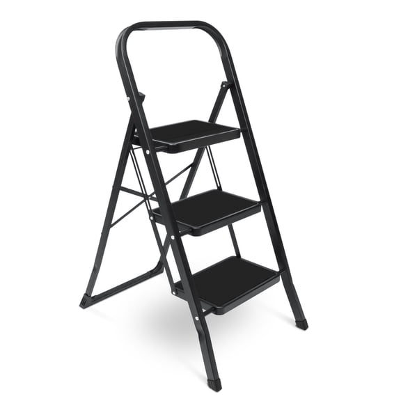 SZHLUX 3 Step Ladder, Foldable Steel with Wide Anti-Slip Pedals and Convenient Handgrip, Black