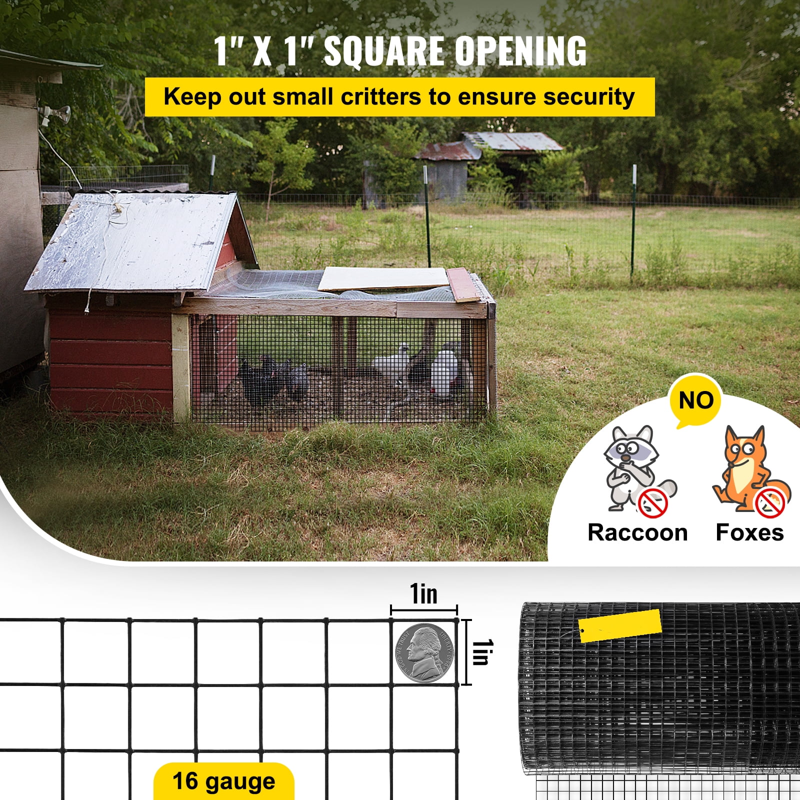 KFFKFF Hardware Cloth, 48" x 50' & 1"x1" Mesh Size, Galvanized Steel Vinyl Coated 16 gauge Welded Wire, w/A Cutting Plier & A Pair of Fabric Gloves, for Garden Fencing & Pet Enclosures, Black