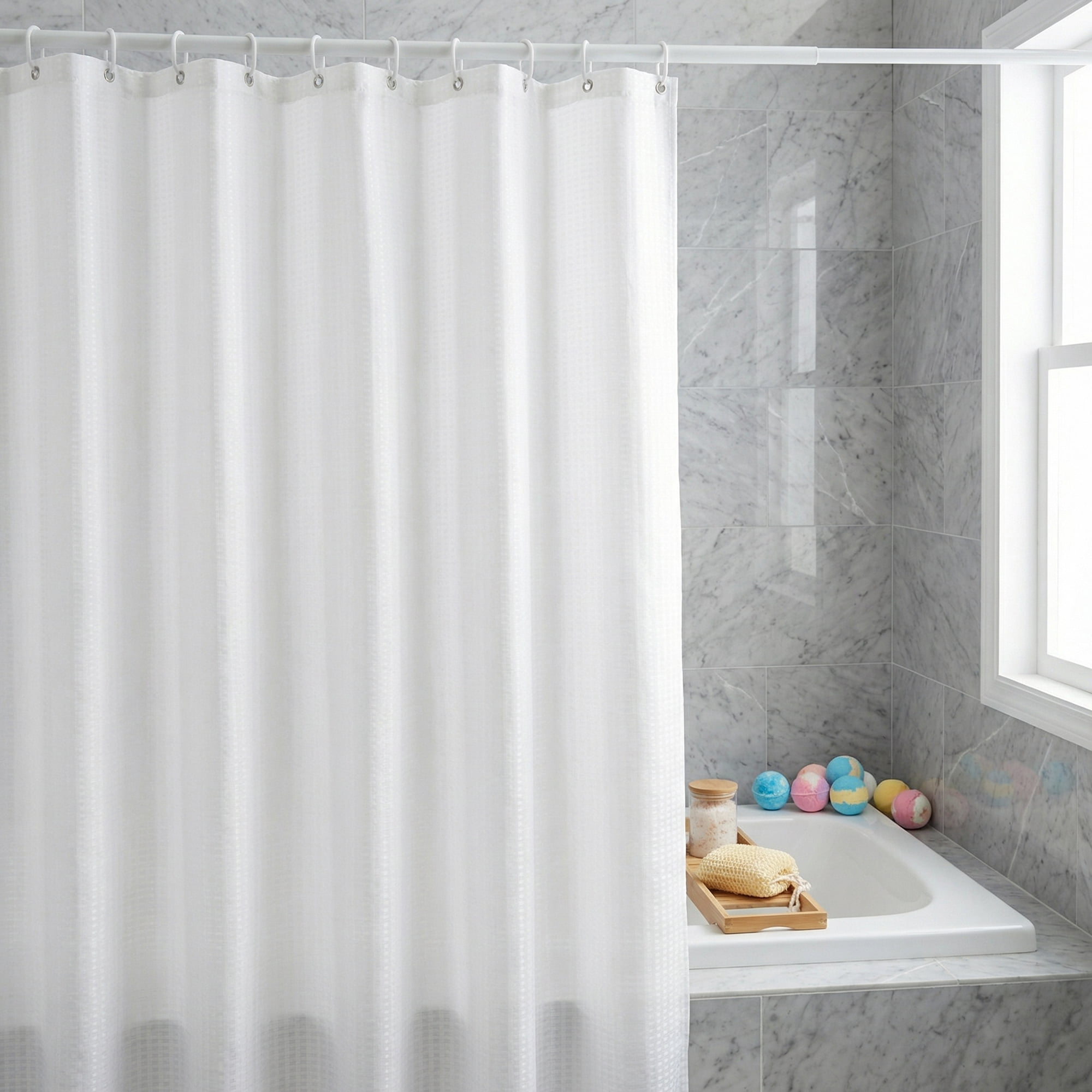 Unique Bargains Waffle Weave Shower Curtain Sets with 12 Hooks White 71"W x 71"L