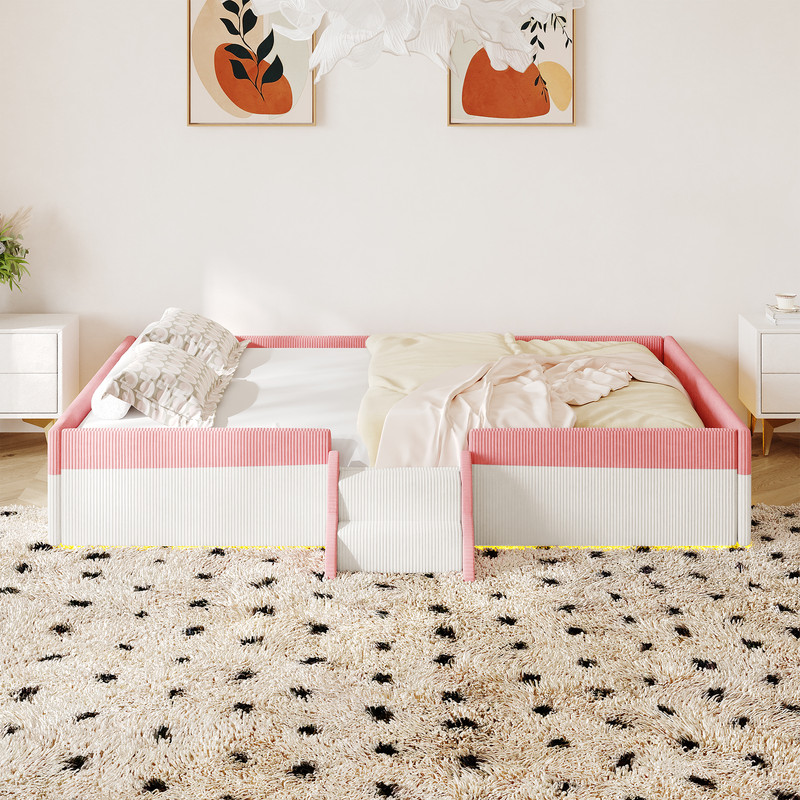 Full Size Upholstered Floor Bed with Fence, 2-Tier Steps and Smart LED Lights, Corduroy Platform Bed with Safety Guardrails, Kids Montessori Bed for Boys Girls