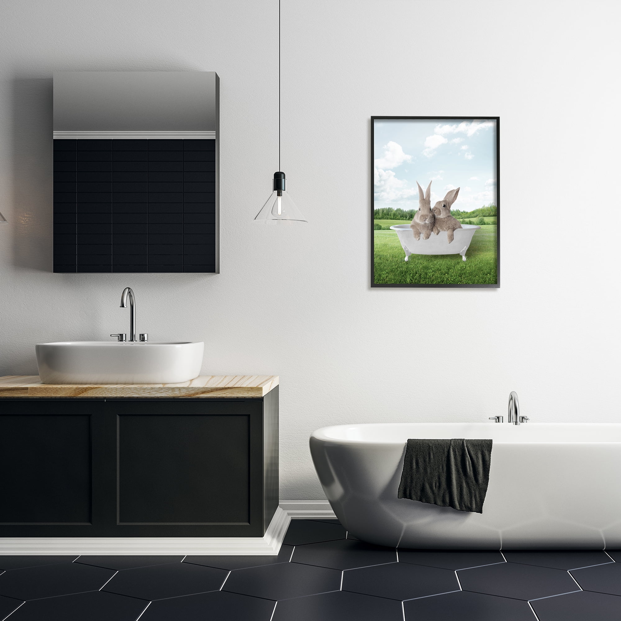 Stupell Industries Bunnies in Tub Landscape Nature Painting Black Framed Art Print Wall Art, 24 x 30