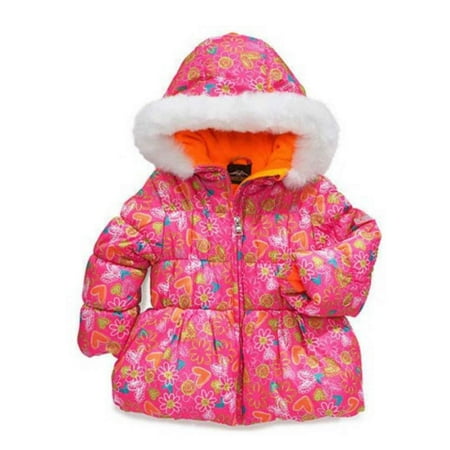 Pacific Trail Toddler Girl Pink Floral Winter Ski Jacket Fur Trim Puffer (Best Toddler Ski Jacket)