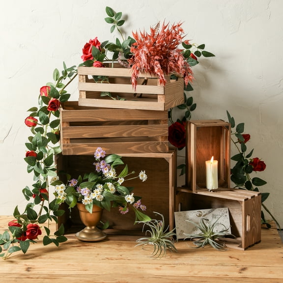 KMwares Set of 5 Rustic Wooden Nesting Crates with Handles - Vintage Farmhouse Decorative Boxes for Wedding, Party, and Event Display