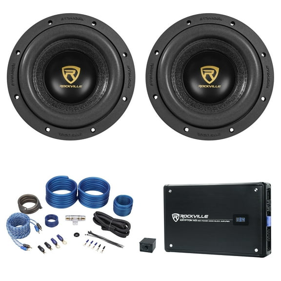 (2) Rockville W8K9D4 6.5" 2000 Watt Car Audio Subwoofers Mono Amplifier Amp Kit