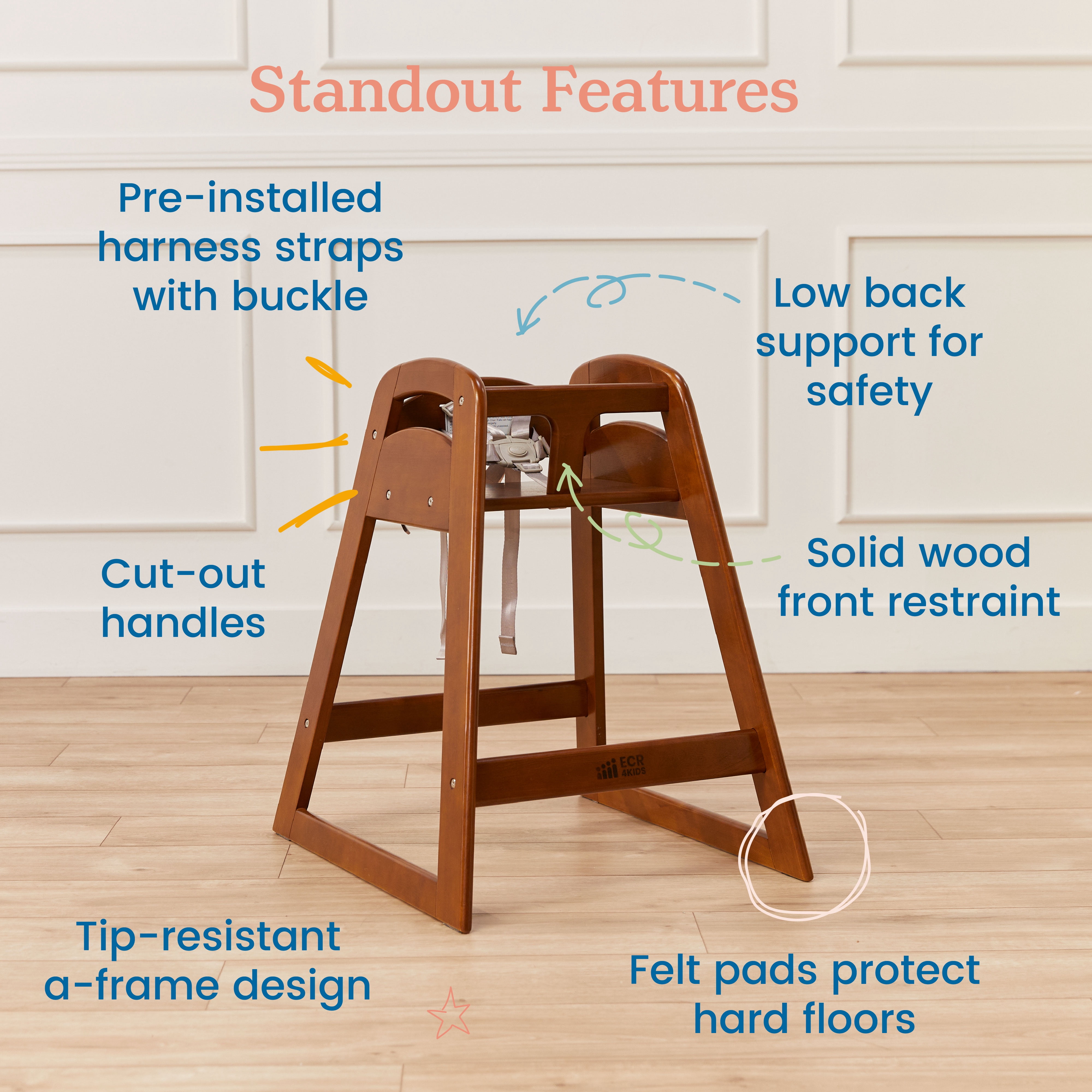 ECR4Kids ASATT Wooden Baby High Chair with Safety Strap, Childrens Furniture, Dark Walnut