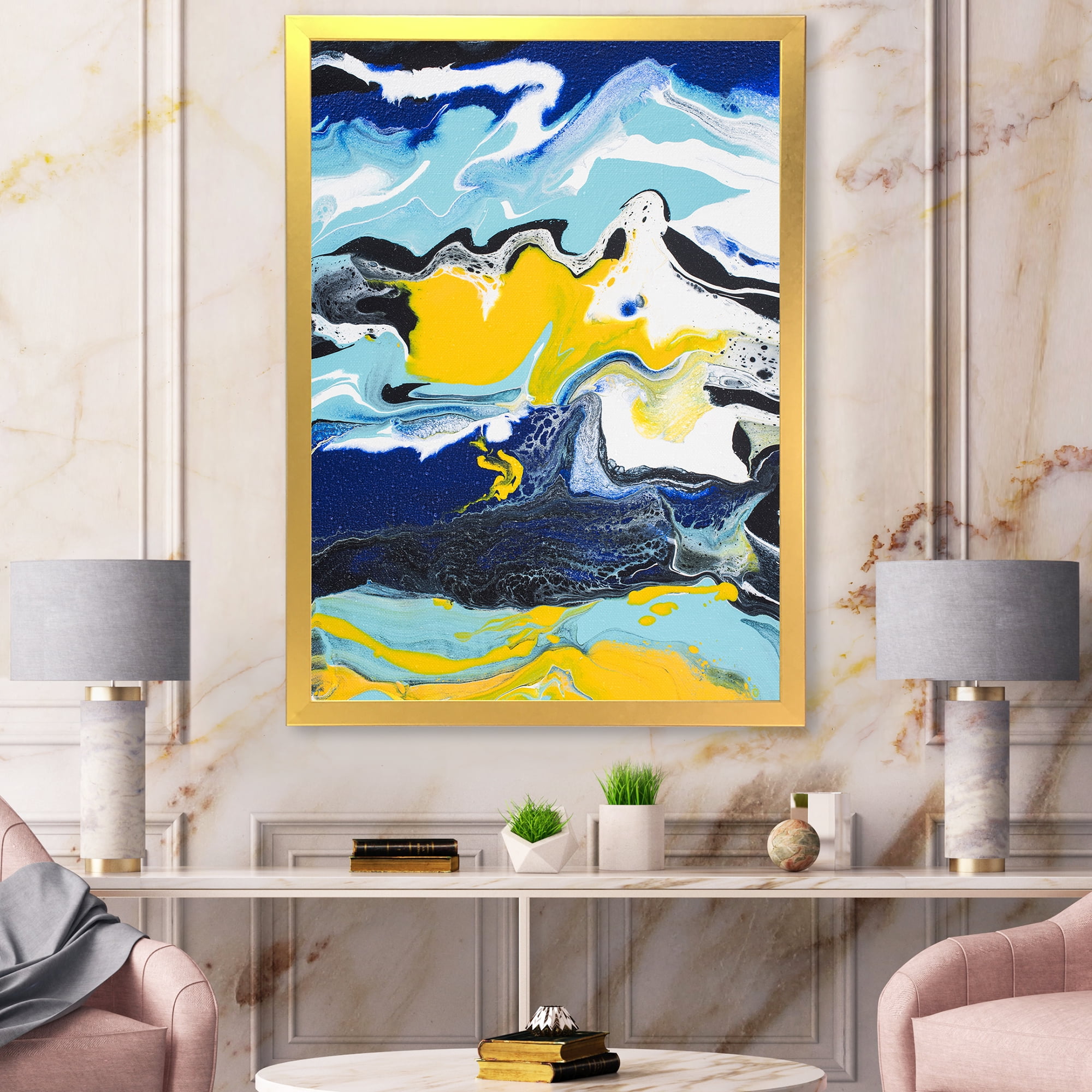 Designart 'Abstract Marble Composition In Blue and Yellow II' Modern Framed Art Print