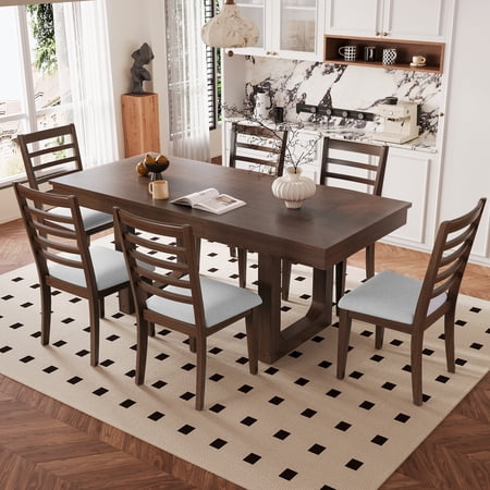 FFZ 7 Piece Extendable Farmhouse Dining Table Set 78 inch 6 Chairs Walnut