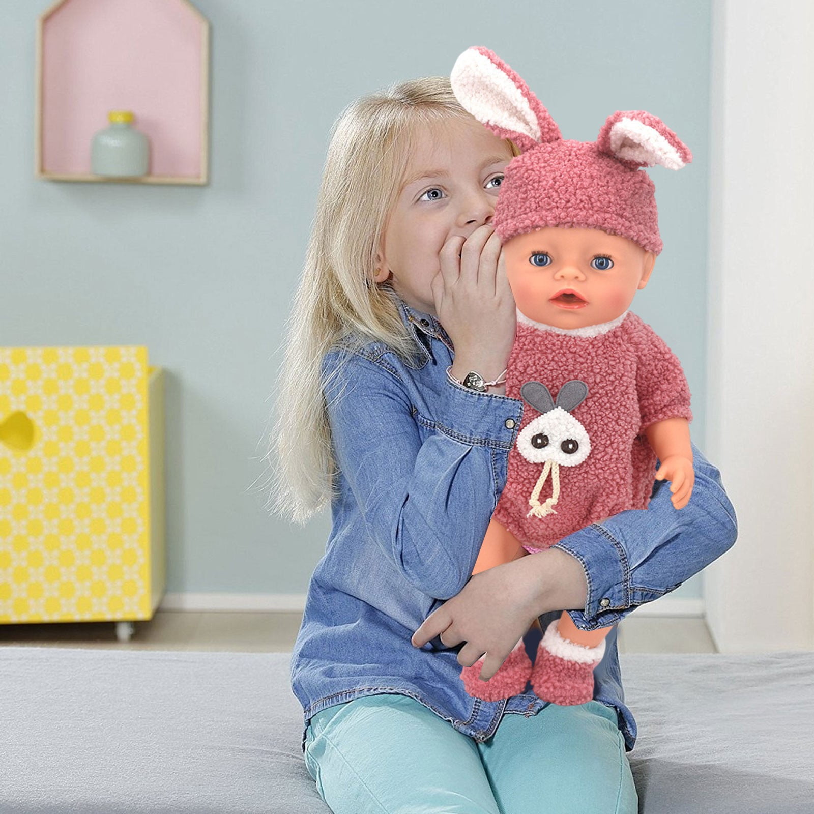 Ensemble Vêtement Poupée Lapin Violet – Grenouillère + Bonnet – Coton Doux – Pour Poupées 35–43 Cm – Cadeau Enfant