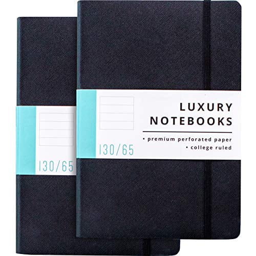 2 Pack Luxury Lined Journal Notebooks- Journals For Writing w/ 130 Perforated Pages, Medium (5.7" x 8.3") - Soft Cover Notebooks for Work, Travel, College- Journal for Men and Women (Black)