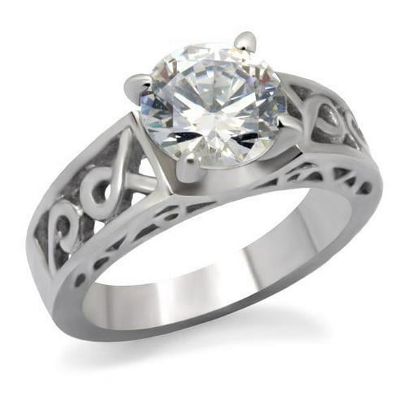 High polished (no plating) Stainless Steel Ring with AAA Grade CZ in Clear for Women Style TK069
