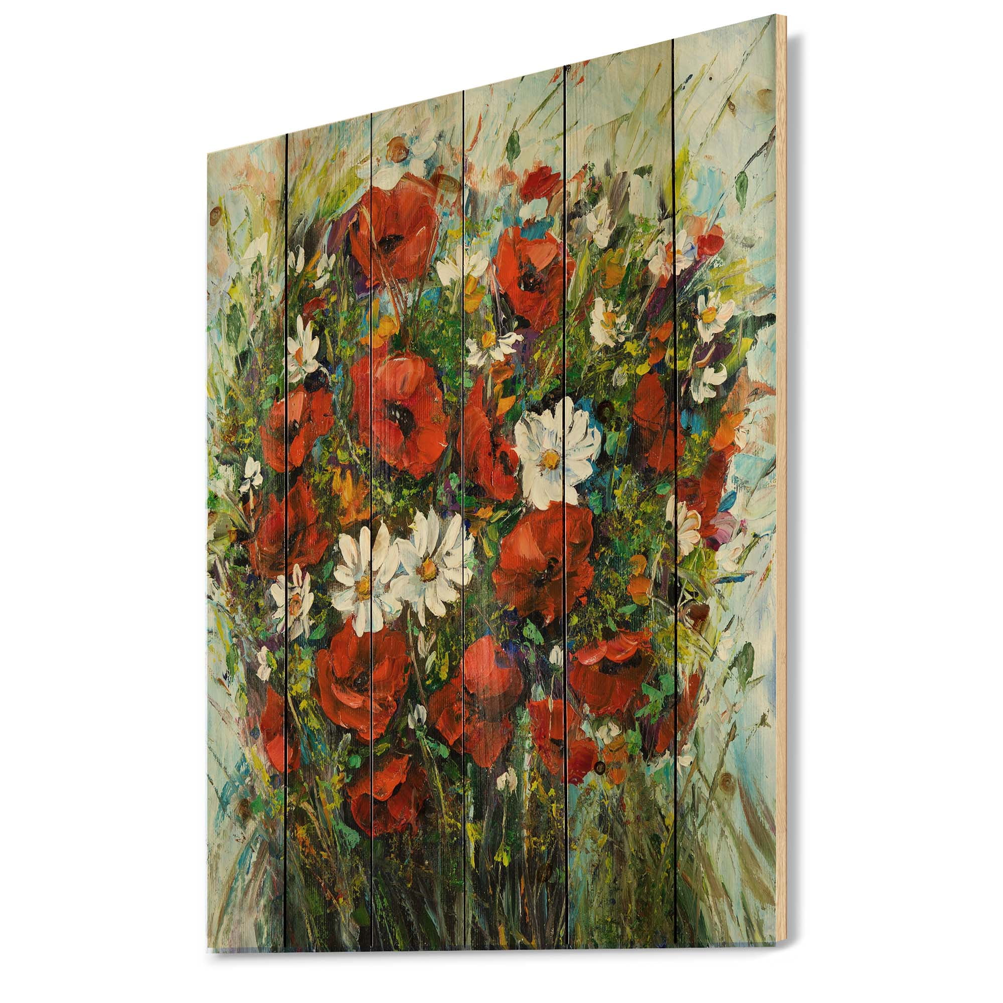 Designart 'Bouquet Of White and Red Wildflowers' Traditional Print on Natural Pine Wood