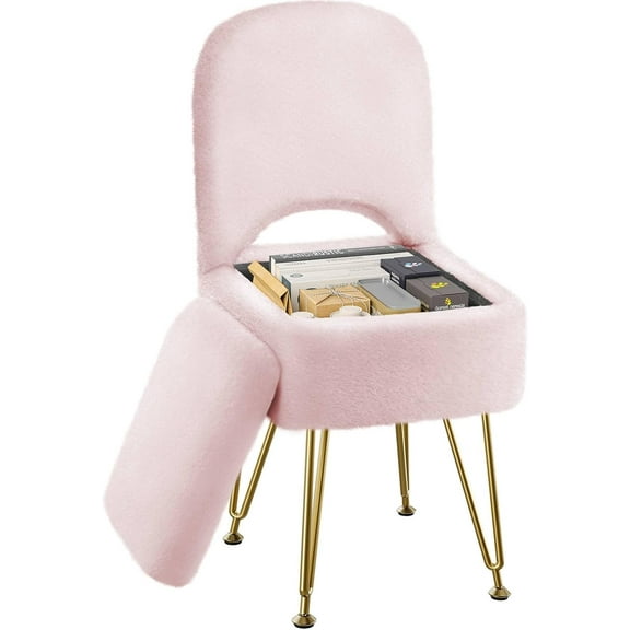 Small Vanity Stool Chair with Storage and Folding Back, 13.4" x 15" x 30" Square Faux Fur Soft Ottoman, 4 Metal Legs with Anti-Slip Feet, Furry Padded Seat for Makeup, Bedroom, Pink