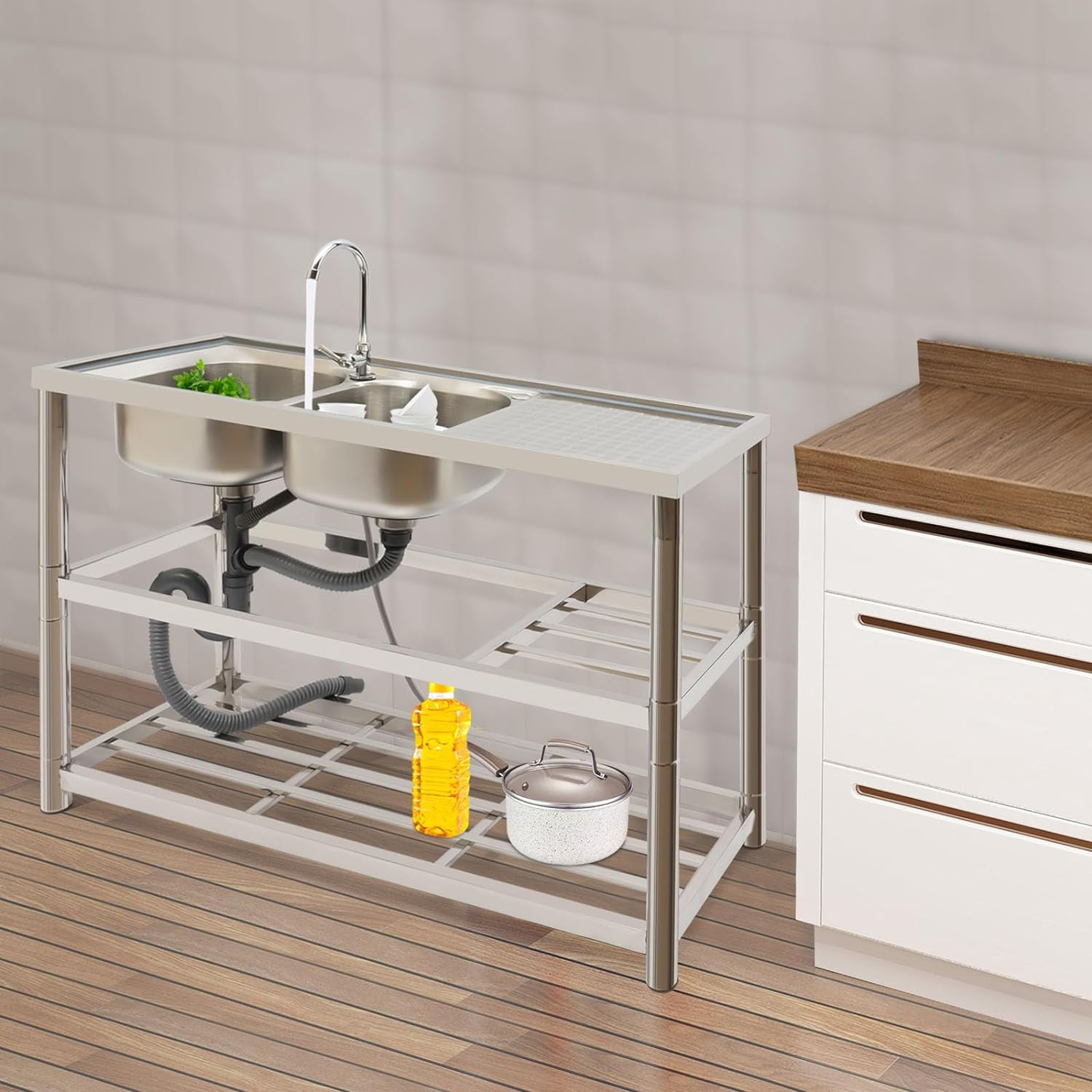 Miumaeov Free Standing Stainless-Steel Double Bowl Commercial Restaurant Kitchen Sink Set with Faucet & Drainboard for Indoor Outdoor