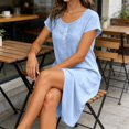 thumbnail image 6 of Laqbezok Women's Cotton Linen Dress, Casual Crew Neck Short Sleeve Loose Sundress with Pockets, Retro Button Henley T-Shirt Dress, 6 of 8