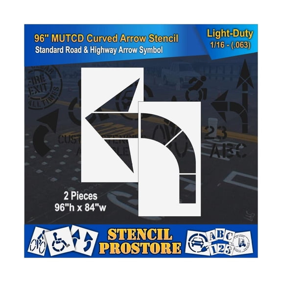 Pavement Stencils - 96 inch - Curved/Turn Arrow Stencil for MUTCD, FHWA, Road & HWY DOT - (2 Piece) - 96" x 84" - 1/16" (63 mil) - Light-Duty