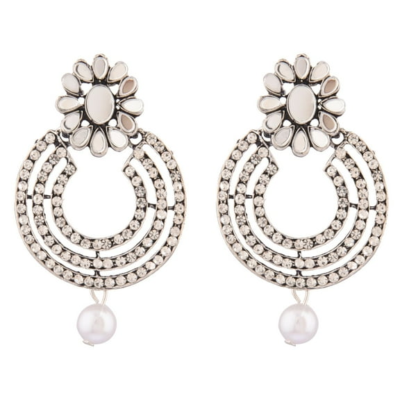 Efulgenz Indian Oxidized Jewellery Antique Jhumka Jhumki Floral Earrings with Ear Support Chain Hair Accessories for Women