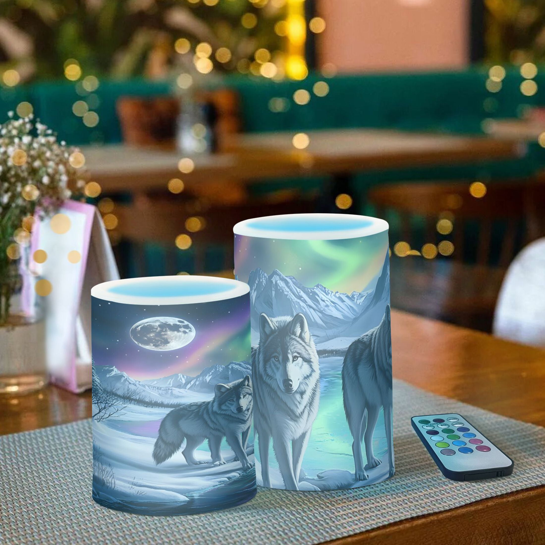 Aurora Two Wolf Flickering Flameless Candles Battery Operated with Remote Timer LED Pillar Candles Set of 2