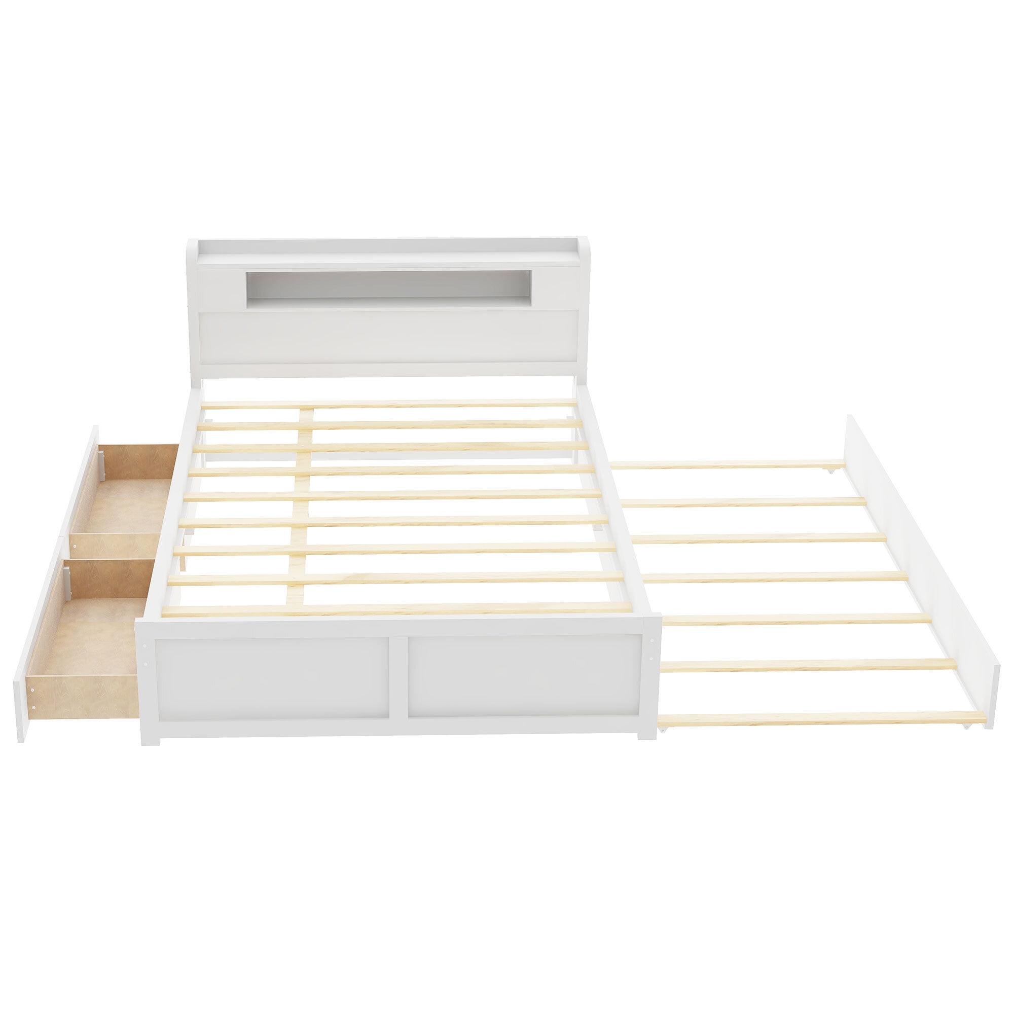 Euroco Wood Queen Size Platform Bed with Storage Headboard, Drawers Trundle and LED Light for Adults, White