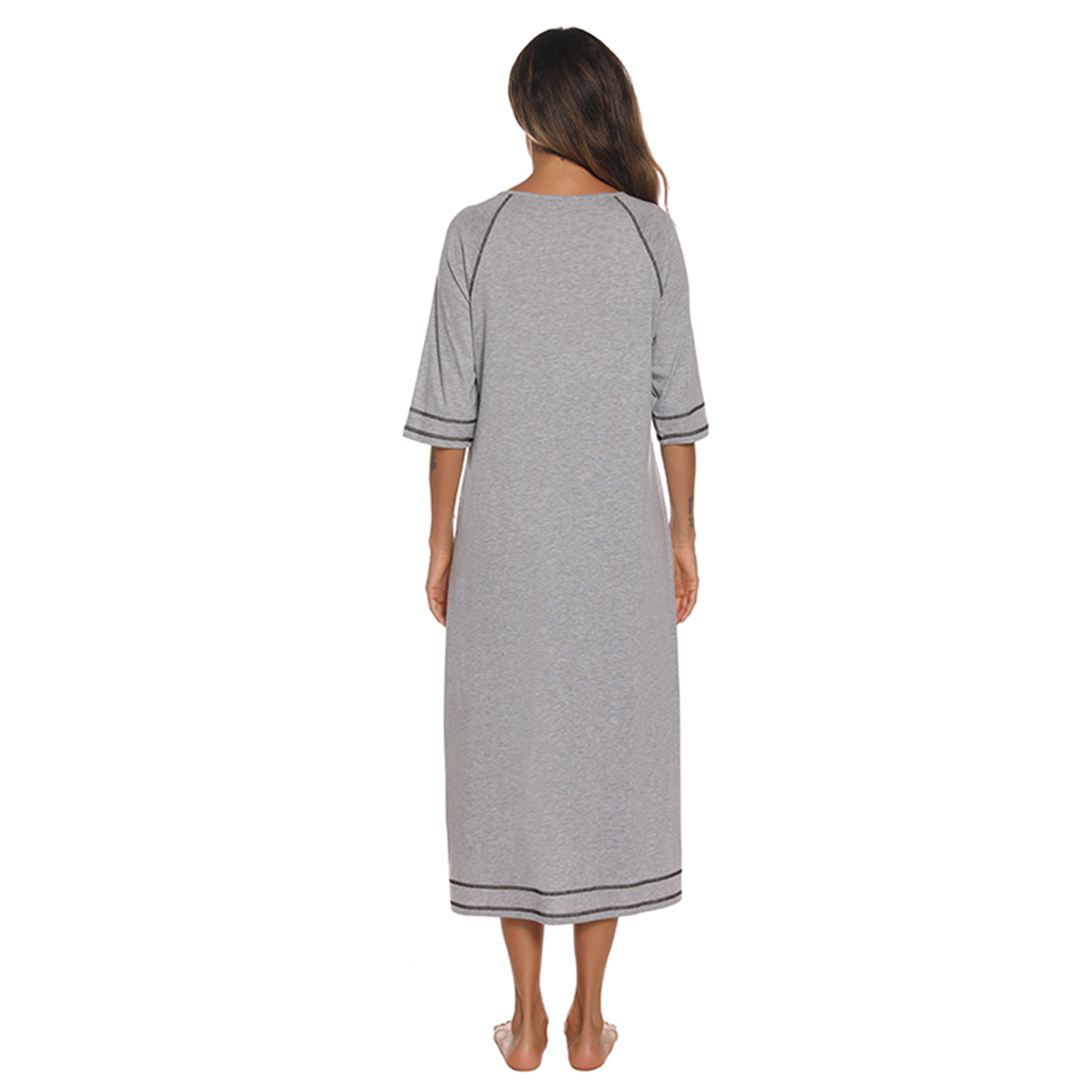 LOFIR Women Zipper Front Robes 3/4 Sleeve Loungewear Pockets Nightgown Loose-Fitting Ladies Long Sleepwear(Light Grey,L) - image 5 of 6