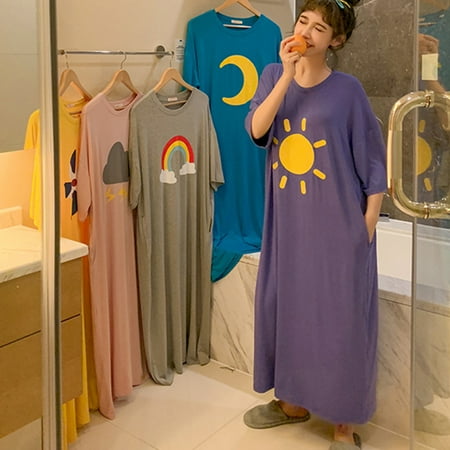 

HEVIRGO Women Short Sleeve O Neck Cartoon Sun Moon Rainbow Windmill Cloud Nightdress