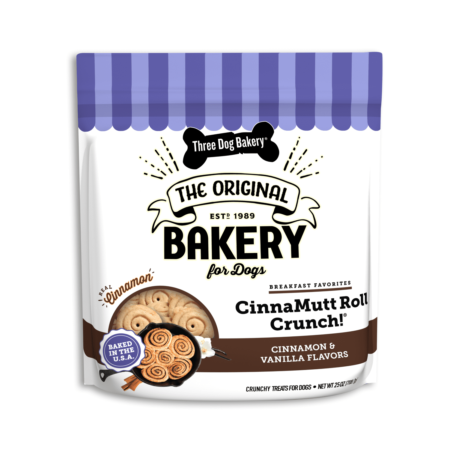 (4 pack) Three Dog Bakery CinnaMutt Roll Crunch, Cinnamon Roll Flavored Crunchy Dog Treat, 25oz