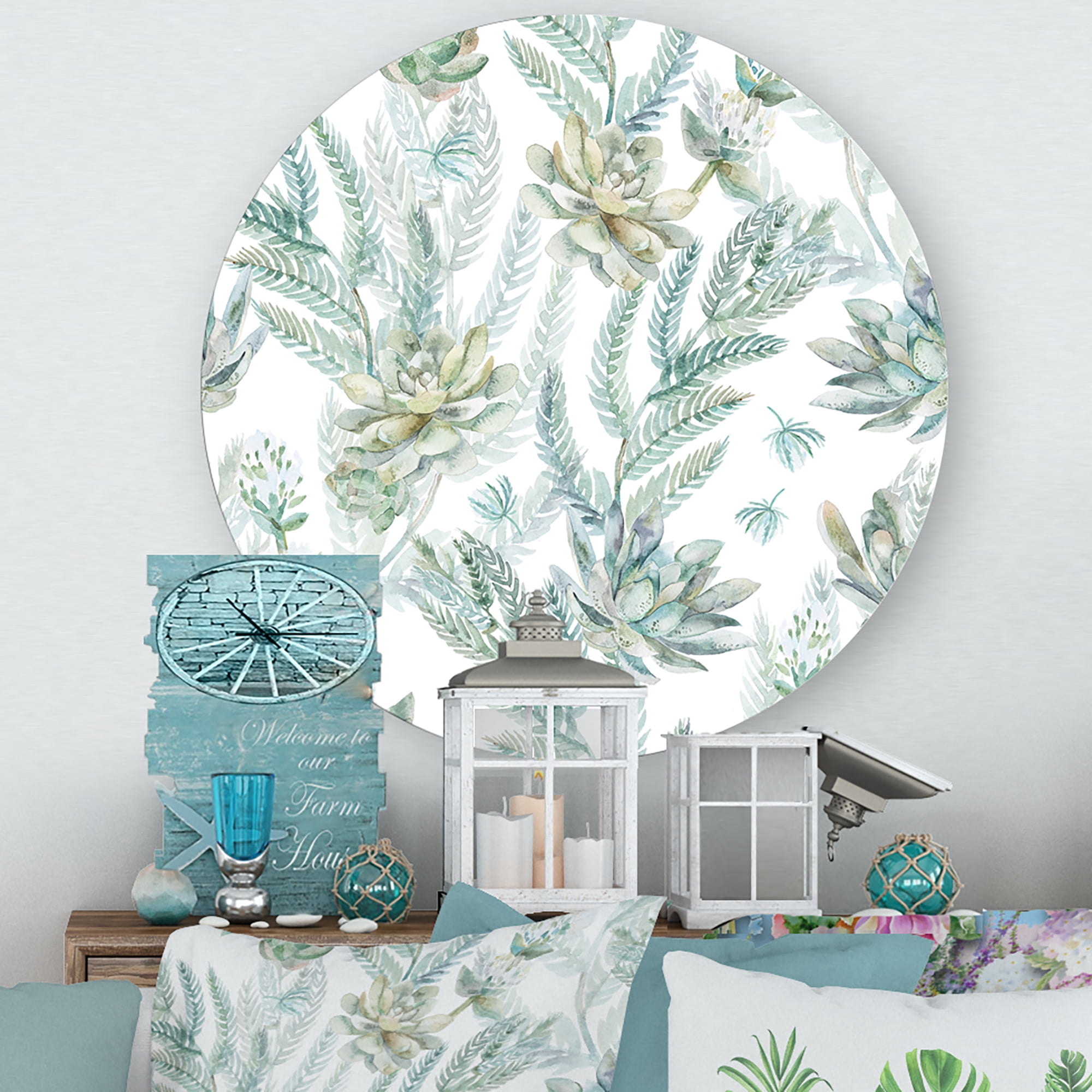 Designart 'Floral Seamless Pattern Succulents and Ferns Thorns' Farmhouse Circle Metal Wall Art 23x23 - Disc of 23