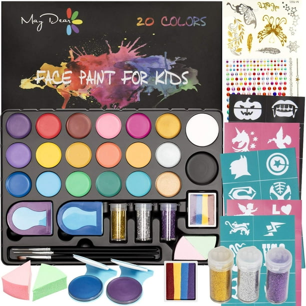 Maydear Face Paint Kit for Kids,20 Large Paints,40 Stencils,3 black brushes,Professional Face