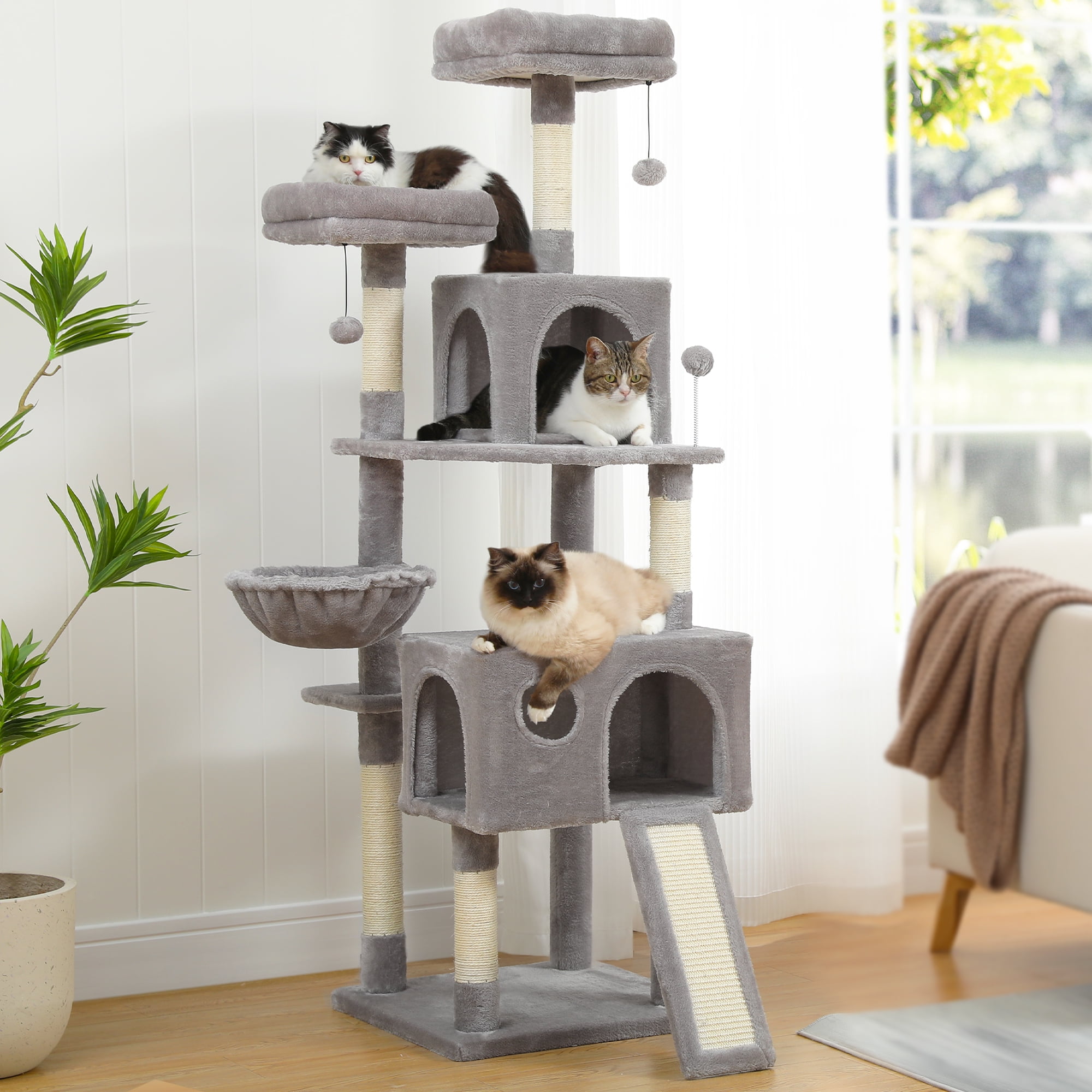 Pefilos 64" Multi-Level Cat Tree Tower for Large with Hammock, Plush Cat Condos for Indoor Cats, Gray Pefilos 64" Multi-Level Cat Tree Tower for Large with Hammock, Plush Cat Condos for Indoor Cats, Gray