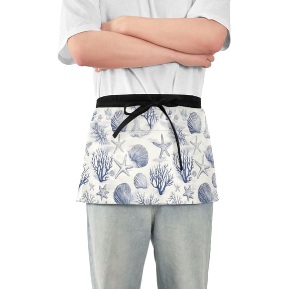 Server Apron with 3 Pockets Waterproof Waitress Waist Short Apron for Man Woman Seashells Starfish Seaweed 12 Inches
