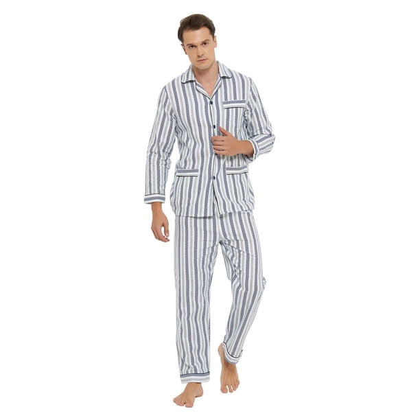 Apparonia Conjunto de Pijamas para Hombre Pijamas de Algodón con Cuello con Muescas para Hombre Ropa de Dormir de Manga Larga para Hombre con Bolsillos y Rayas Calmantes Delanteras Fly XL