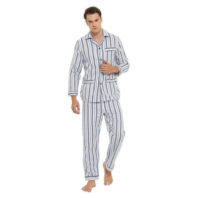 Apparonia Conjunto de Pijamas para Hombre Pijamas de Algodón con Cuello con Muescas para Hombre Ropa de Dormir de Manga Larga para Hombre con Bolsillos y Rayas Calmantes Delanteras Fly M