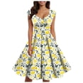 thumbnail image 3 of Pimfylm Party Dresses for Women Elegant Classy 2025 Vintage 1950s Cocktail V Neck Short Sleeve A Line Midi Swing Dress Light Yellow, M, 3 of 6