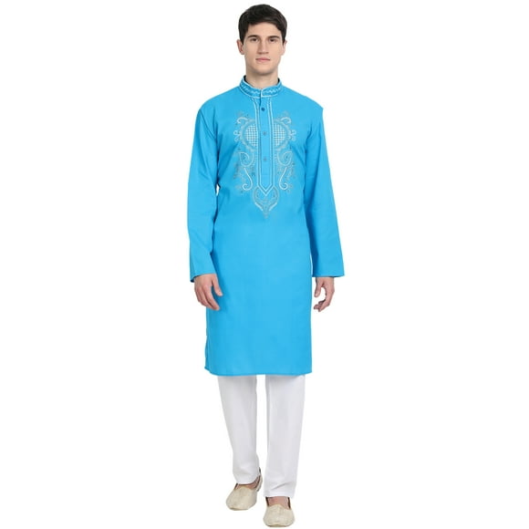 SKAVIJ Kurta Pajama Set for Men Long Sleeve Cotton Party Dress Turquoise L