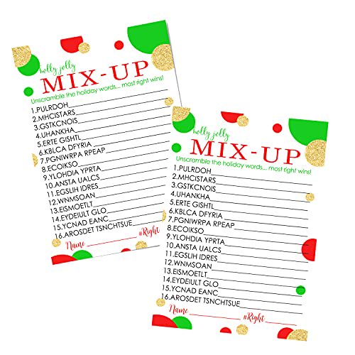 Christmas Word Scramble Game Pack of 25 Cards Unscramble Activity for Adults Kids Groups and Coworkers Holiday Event Supply Red Green and Gold