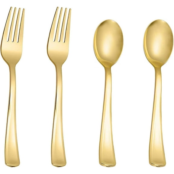 N9R 100PCS Gold Plastic Silverware, Heavy Duty Disposable Cutlery Set for Parties, Spoons and Forks Includes 50 Wedding, Birthday, Dinner