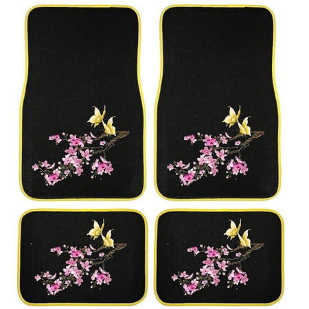 UAA Cherry Blossom Yellow Butterfly Universal Front & Rear Carpet Floor Mats set for Car Truck