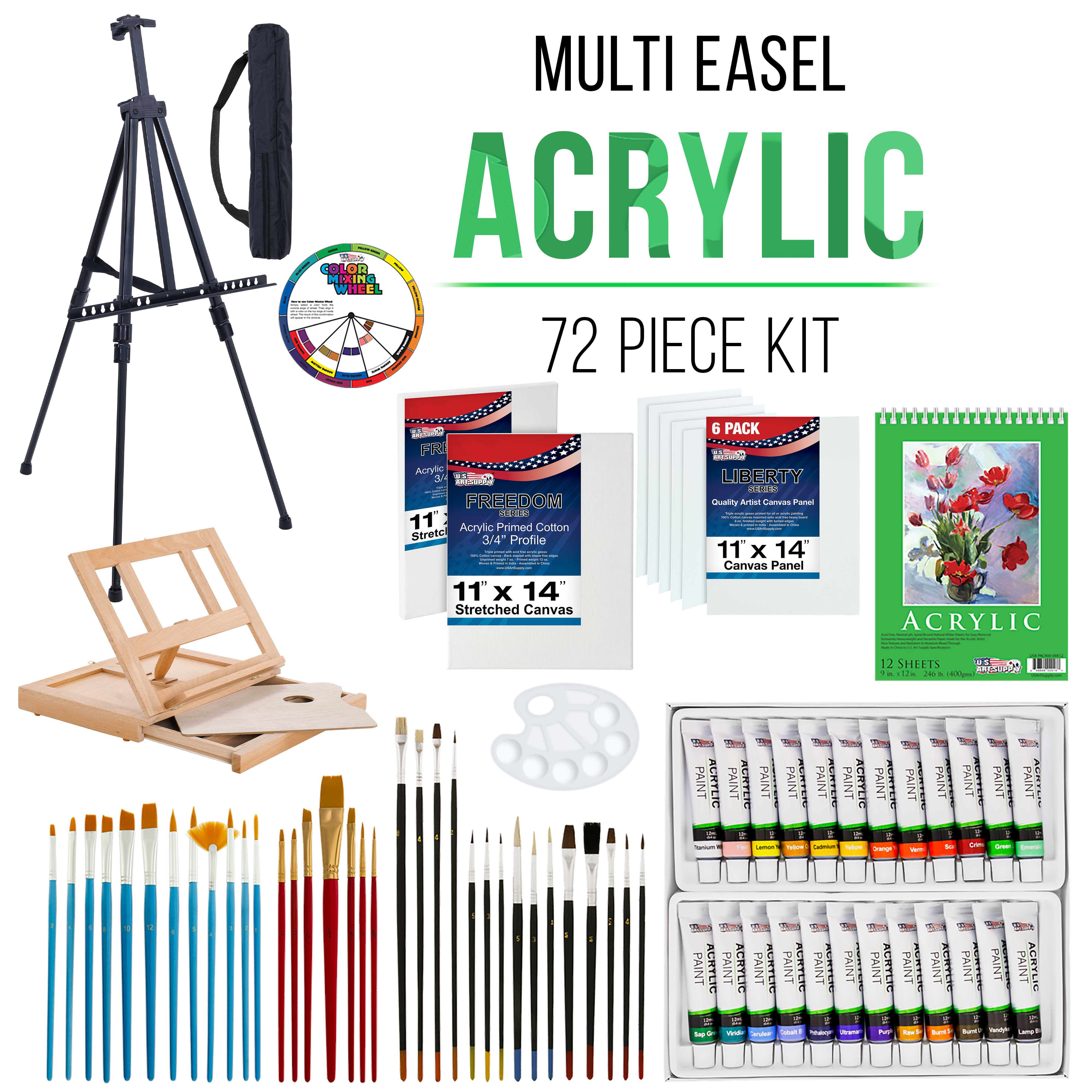U.S Art Supply 60-Piece Deluxe Acrylic Painting Set with Aluminum Tabletop Easel 24 Acrylic Colors Acrylic Painting