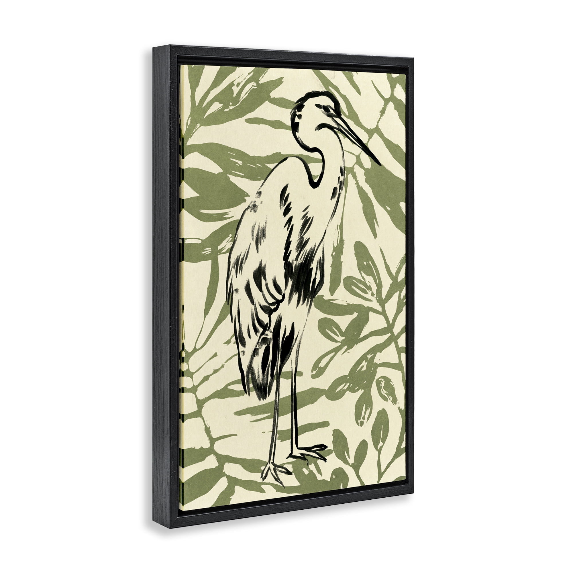 Stupell Industries Heron & Leaf Pattern Animals & Insects Painting Black Floater Framed Canvas Art Print Wall Art, 17 x 25